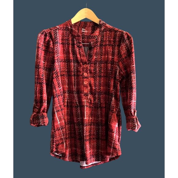 KIM ROGERS- WOMEN RED/WHITE BUTTON FRONT 3/4 SLEEVE SHIRT SIZE SMALL - Picture 1 of 8